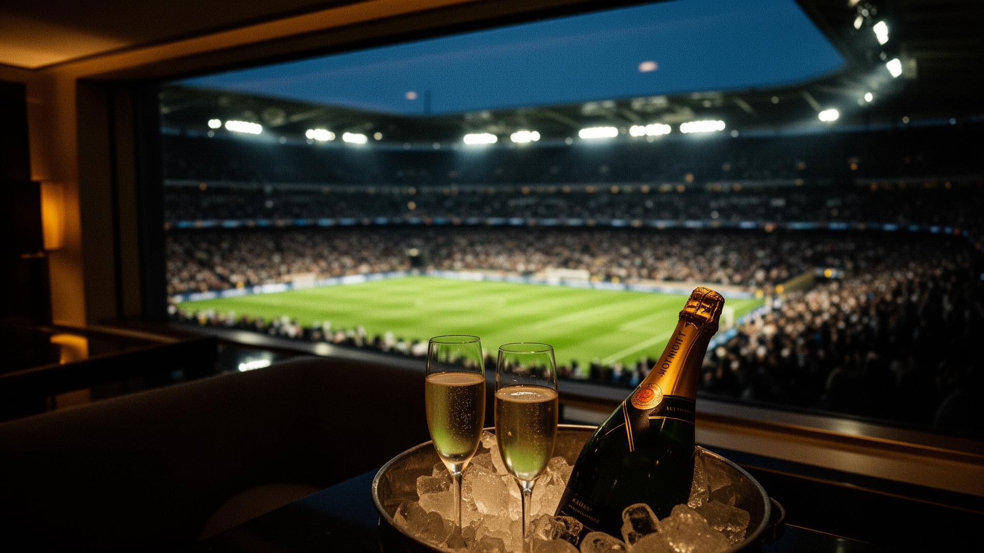 View of a floodlit stadium pitch from a private hospitality box with champagne on ice